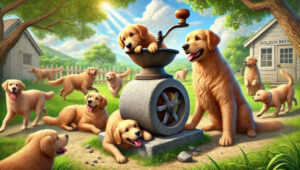 Goldens working on the grindstone